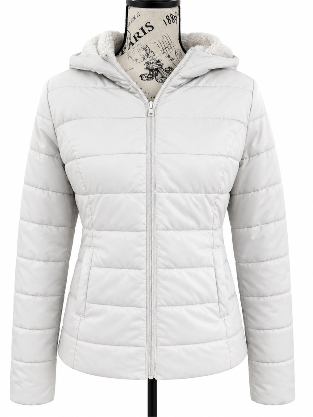 Hollister Women's White Hooded Quilted Puffer Jacket
